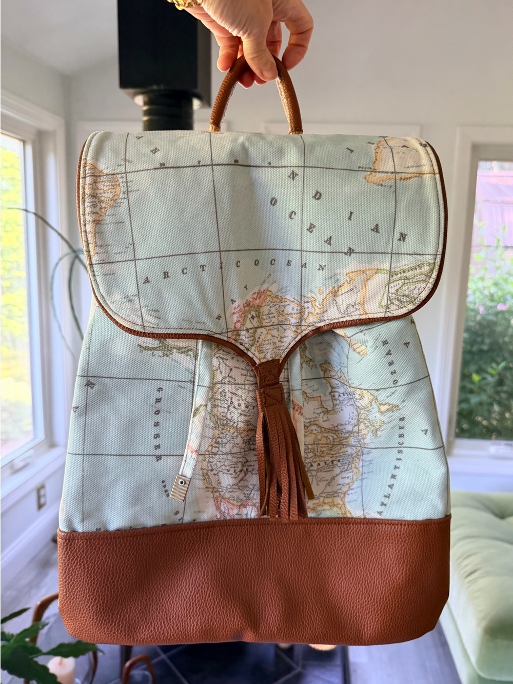 World Map Backpack w Brown Faux Leather Accents and Silver Tone Hardware NEW
